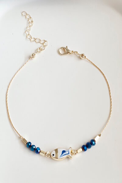 DEMOKAN Kadın Bileklik 14k Mavi Taş Mineli Balık Bileklik