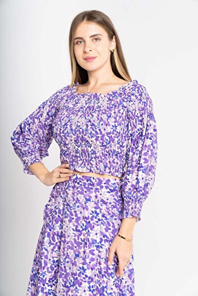 mica Printed Long Sleeve Blouse with Half-Length Design