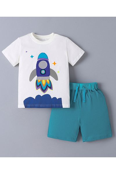 SAPS 100% Cotton Rocket Graphic & Patch Detailed Short Sleeves T-Shirt & Shorts Set - White & Teal