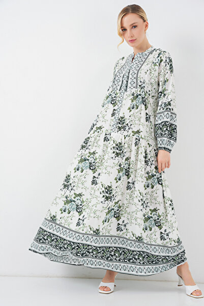 Merterium Women's Patterned Hijab Dress Green 1010