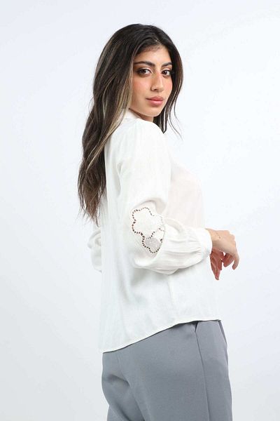 mica Women's Solid Shirt with Embroidery on Elbows - Long Sleeve