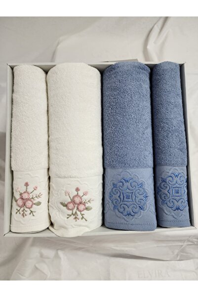 Fiesta 4'lü Banyo Havlu Seti Hamam Takımı Elit Bukle Jakarlı Nakışlı 100% Pamuk