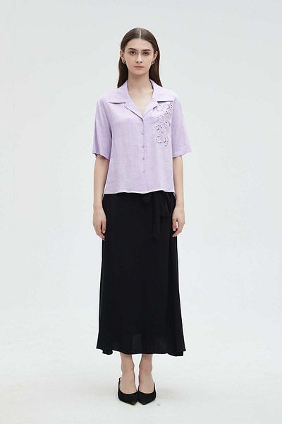 mica Women's Short Sleeve Front Button Side-Cut Blouse