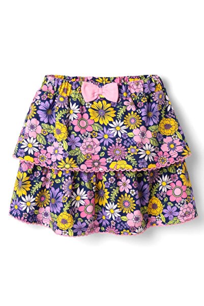 Babyhug Puffed Sleeves Chifilli Top & Layered Skirt Set with Floral Print - Navy Blue & Pink