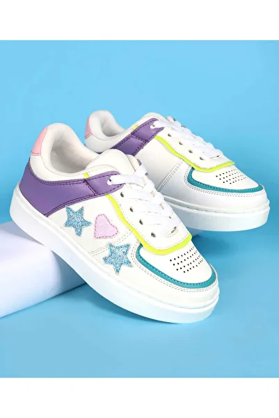 Pine kids Pine Kids Laced Up Closure Casual Shoes with Star & Heart Patch - White & Purple