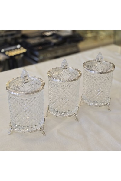 AlyaHomeAksesuar Set of 3 Footed Crystal Glass Sugar Bowl / Jar Set Silver