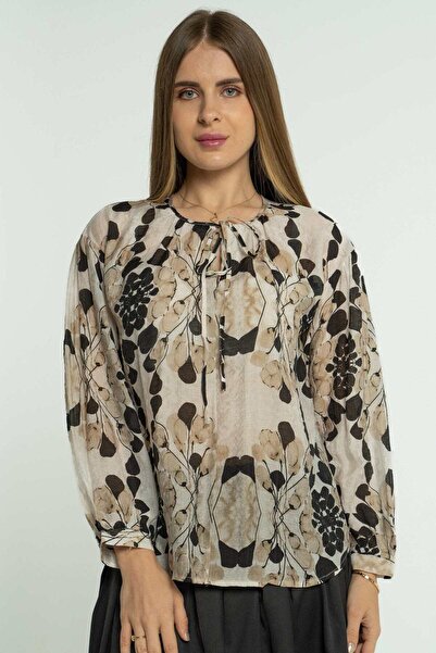 mica Floral Wide Blouse with Ties and Long Sleeves