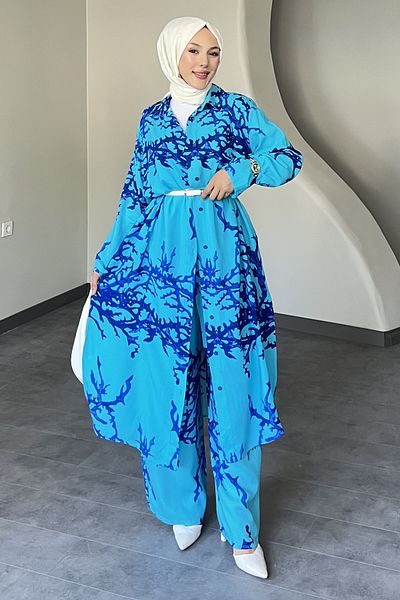SaklıButik Branch Patterned Long Shirt Suit