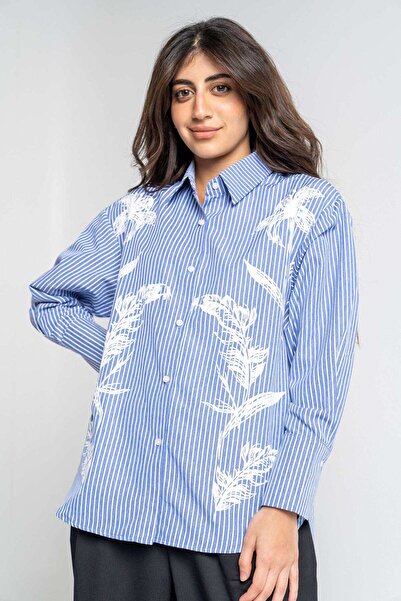 mica قميص مخطط بطبعة زهور وأكمام طويلة