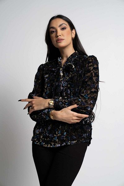 mica Women's Floral Blouse with Long Sheer Sleeves