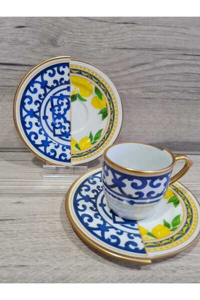 FERMATO Handmade 4 Piece Porcelain Turkish Coffee Cup Set for 2 People Lemone Series