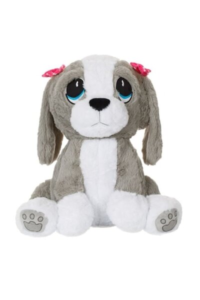 TOPI TOY Caine din plus, ochi albastri, fundite la urechi, 50 cm, alb cu gri
