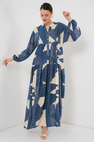 Merterium Women's Patterned Hijab Dress K.Indigo 1010