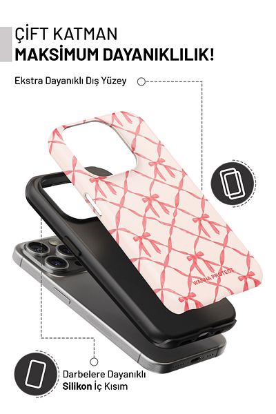 WANNA PROTECT حافظة هاتف iPhone 16 مزدوجة الطبقات ممتصة للصدمات وقوس وردي لامع فائق الجودة