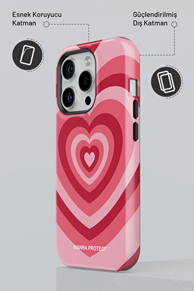 WANNA PROTECT iPhone 16 Pro Max Çift Katmanlı Darbe Koruma Pembe Kalpler Parlak Superior PROTECT Telefon Kılıfı