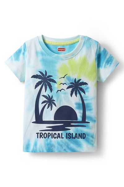 Babyhug Single Jersey Knit Tie & Dye T-Shirt & Shorts Set with Tropical Theme Print - Light Blue