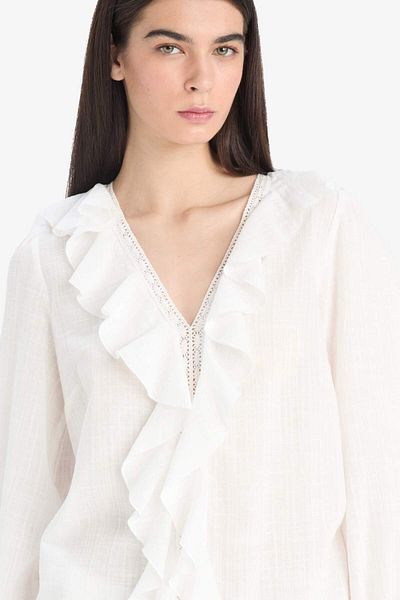 DeFacto Oversize Wide Fit V Neck Cotton Long Sleeve Blouse F3489Ax25Sp