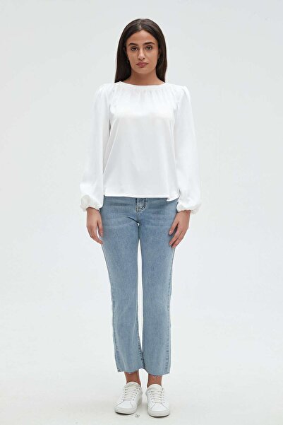 mica Women's Solid Blouse with Ruffled Neckline and Long Sleeves