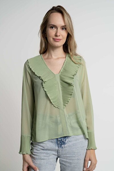 mica بلوزة نسائية شفافة بأكمام طويلة مع كشكشة على الصدر