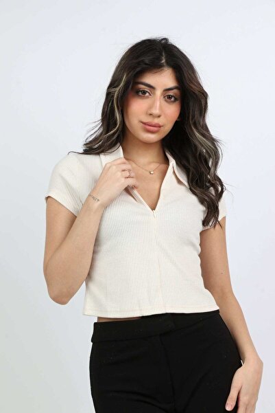 mica Women's Solid Blouse with Zipper and Short Sleeves