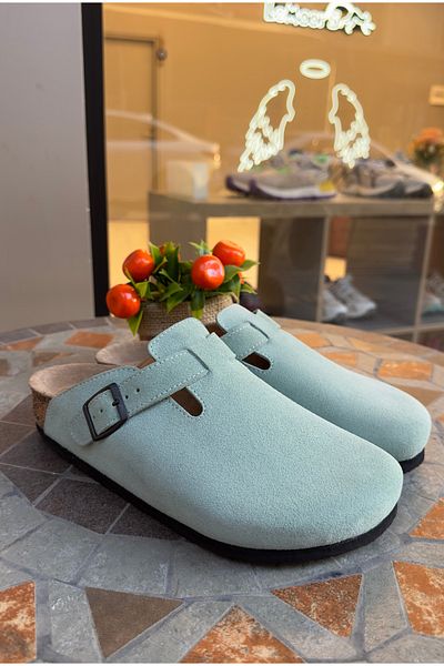 Lemoors Susana Natural Cork Sole Genuine Suede Leather Water Green Color Sabo Slippers