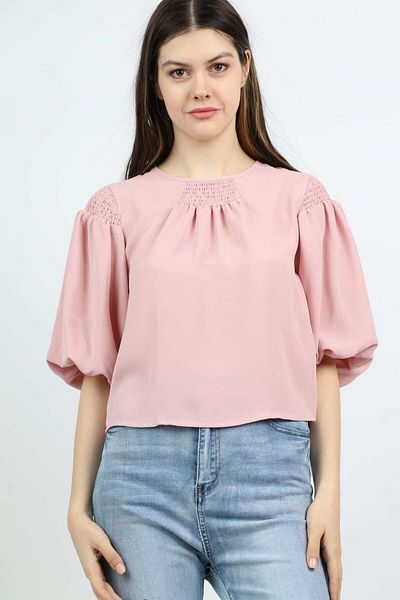 mica Women's Solid Gathered Shoulder & Puffed Half-Sleeve Blouse