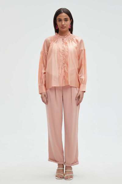 mica Women's Solid Blouse with Ruffle Details on Chest, Neck, and Long Sleeves