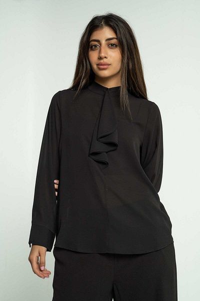 mica Solid Long Sleeve Blouse with Neck Tie