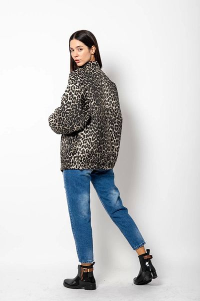 Bak Moda Jachetă matlasată maro cu fermoar cu model leopard