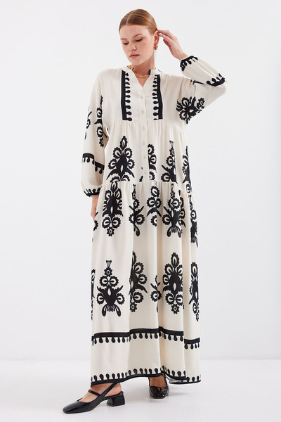 Merterium Women's Patterned Hijab Dress M.Cream 1010
