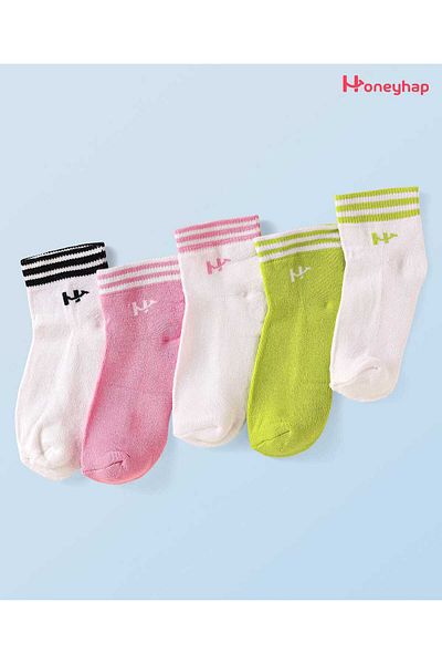 Honeyhap Premium Cotton, Bamboo, & Ankle Length Socks (Pack of 5)-Pink/White/Lime Punch/Black Stripe