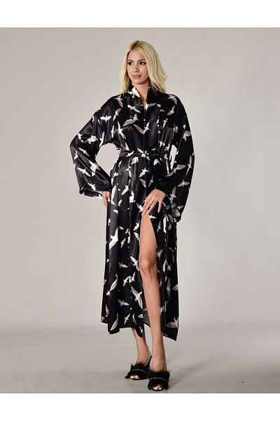 Lohussa Women's Bride Black Patterned Flounced Special Design Dressing Gown Long Silky Satin Kimono