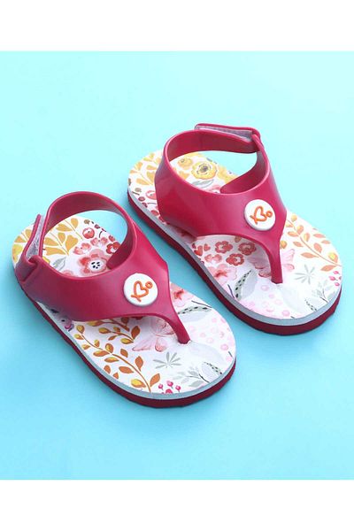 Babyoye Floral Printed Flip Flops with Velcro Closure - Dark Pink