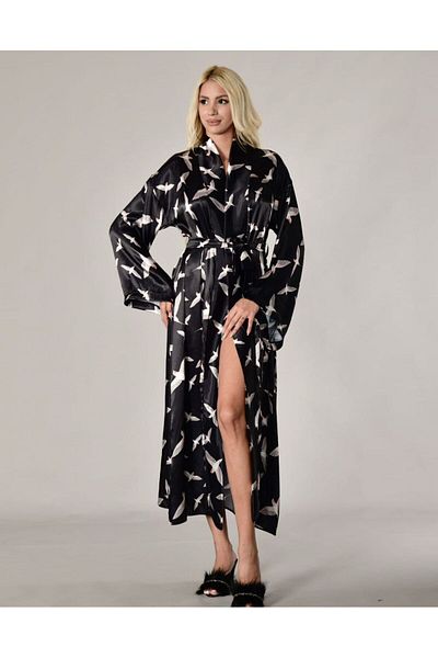 Lohussa Women's Bride Black Patterned Flounced Special Design Dressing Gown Long Silky Satin Kimono