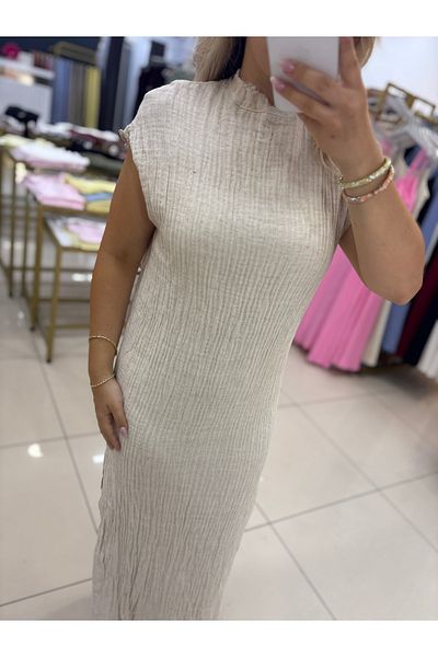 LİSAA BUTİK Zero Sleeve Back Detail Linen Dress