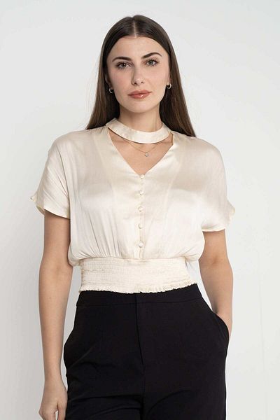 mica Solid Front Button Blouse with Short Sleeves