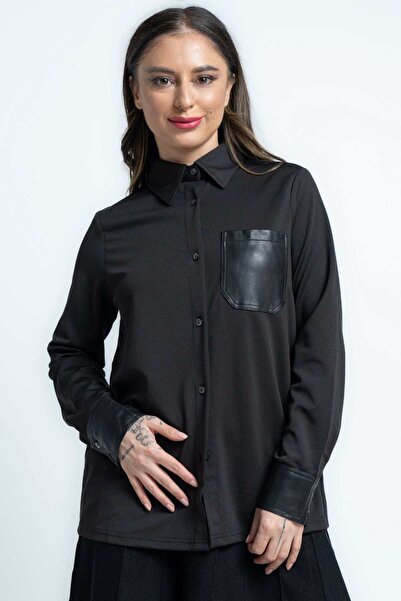 mica قميص نسائي بأكمام طويلة مع جيب جلدي على الصدر