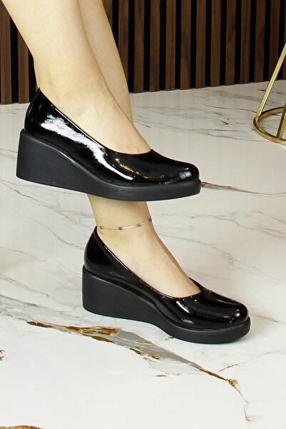 Erkan Saçmacı Mabel Black Patent Leather Genuine Calf Leather Wedge Heeled Casual Shoes