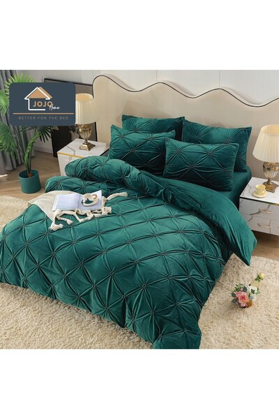 OEM Bed Linen, Velvet, 2 Persons, 4 Pieces, UniDeluxe with Folds, 180x200cm, Dark Green
