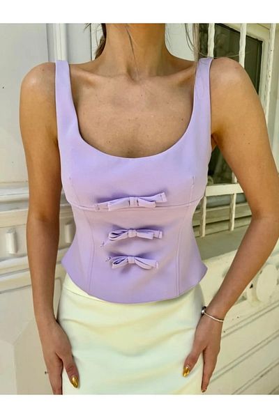 My Blog Lilac Color Bow Crop Blouse