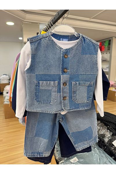 Çamur Kids Patchwork Detailed Boys' 3-Piece Denim Suit – Vest, Pants and Long Sleeve T-Shirt – Mud Kids