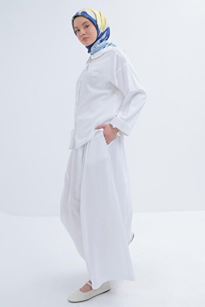 ALLDAY White-Baby Collar Linen Skirt Suit