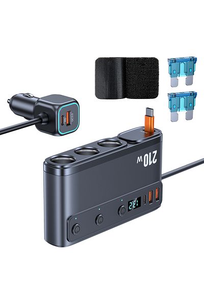 Choice C35-L 9 in 1 Cigarette Lighter Splitter 228W USB C Car Charger Adapter QC3.0 With PD45W Telescopic C