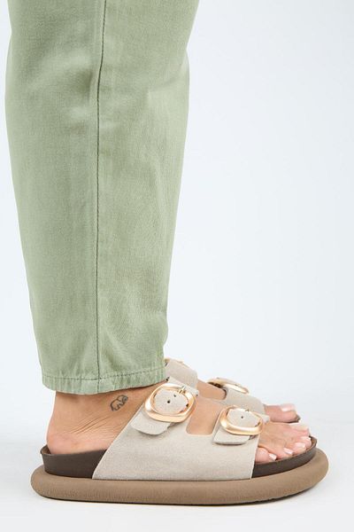 Manijero Narducci Women's Genuine Leather Double Buckle Beige Slippers