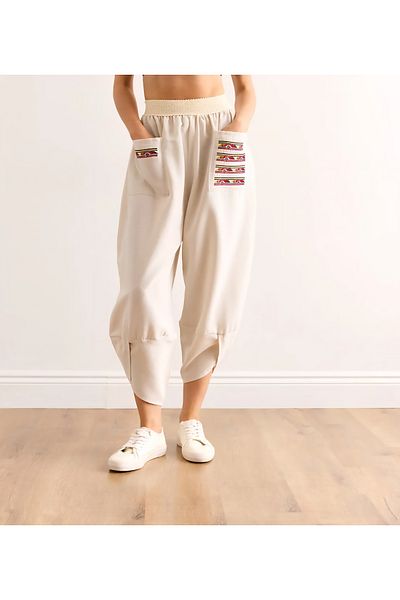 Rosidam Elastic Waist Pockets Embroidery Detailed Linen Shalwar Trousers