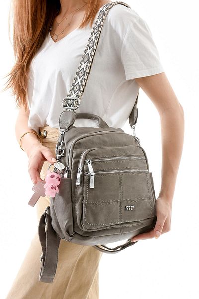 571 Collections Çanta Rucsac din piele artificială cu trei funcții, umăr și geantă de mână gri (model: 571-13-17C)