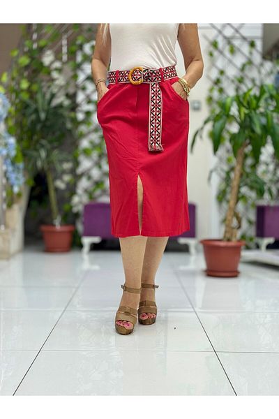 Punta Otantik Nc60640 Ethnic Belted Front Slit Lycra Italian Midi Linen Skirt Red
