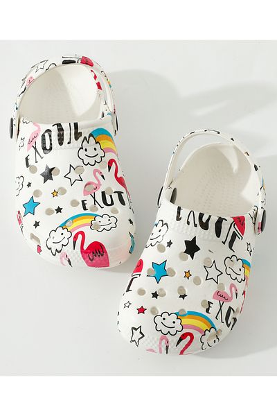 SAPS All Over Flamingo Rainbow Stars & Clouds Printed Backstrap Closure Clogs - White