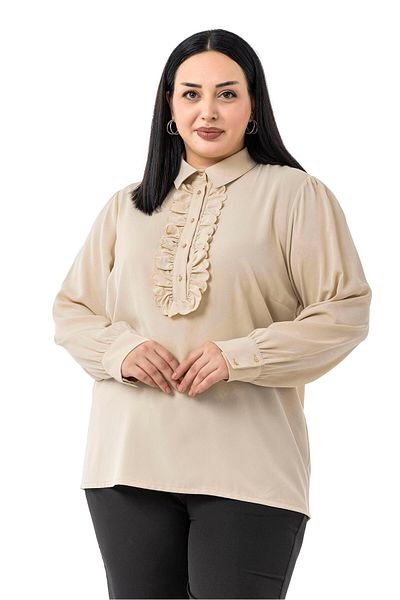 DISENTIS MODEST Plus Size Beige Shirt with Ruffle Detail on the Front and Shirt Collar Cuff