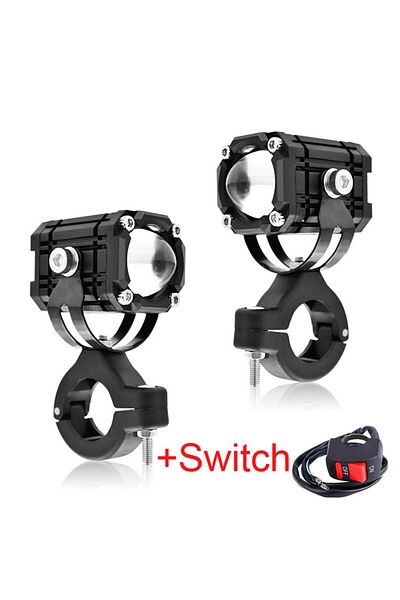 Choice With Switch 2Pcs Motorcycle Projection LED Headlight Lens Bi-color Auxiliary Spotlight Red Flashing